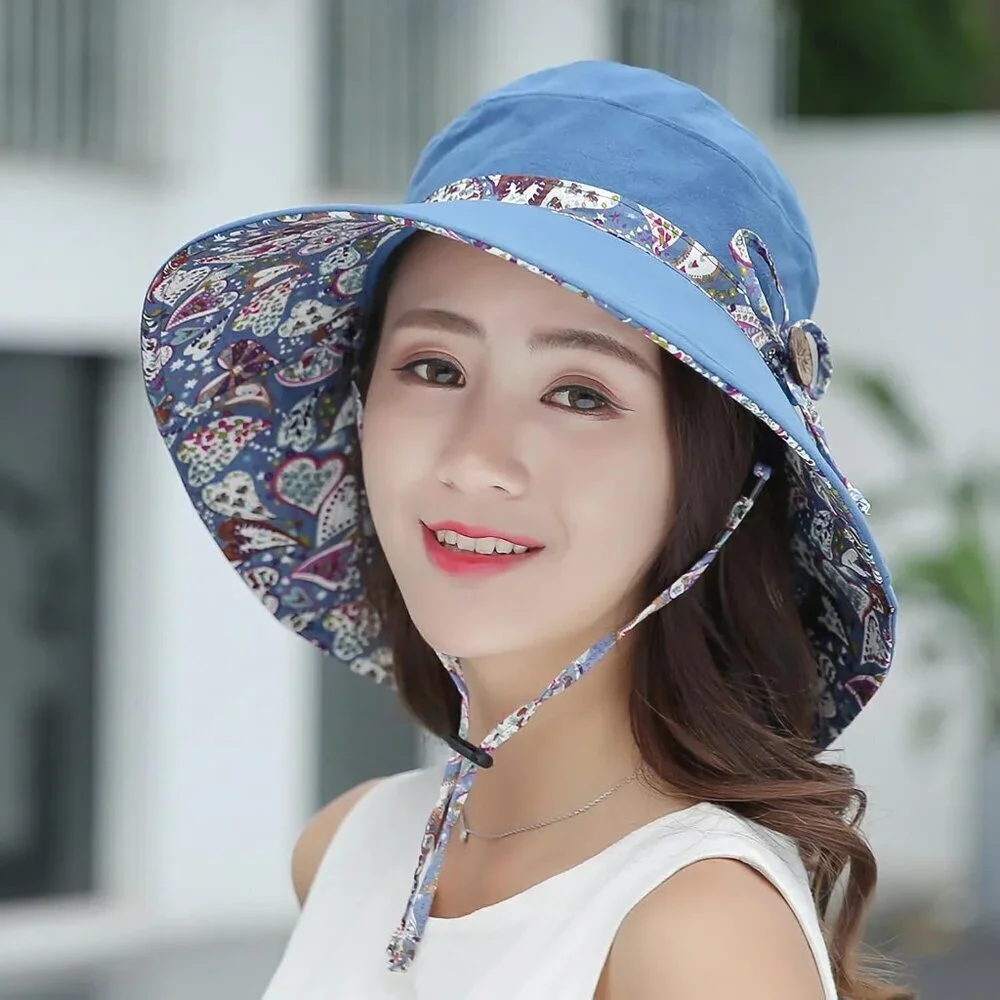 Women Bohemian Reversible Sun Hat Wide Brim UV Protection Cotton Polyester - Picture 2 of 8